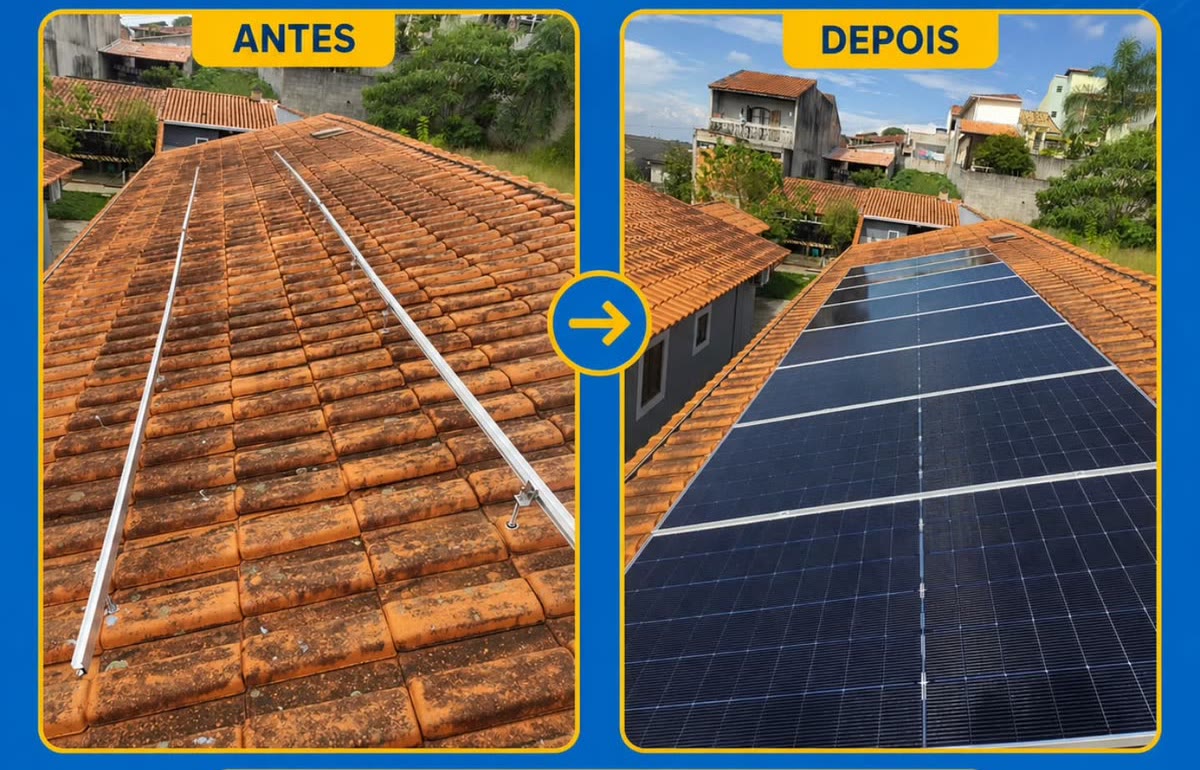 Comparação publicada pela Ophir: o mesmo telhado de telha colonial antes, nu, e depois, coberto de painéis solares